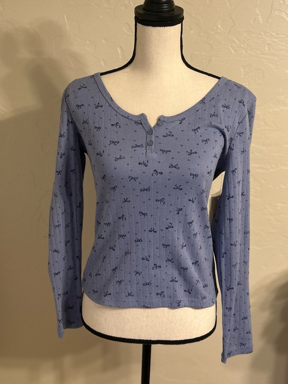 Pink Republic Light Blue Long-Sleeve Ribbed Henley with Navy Bow Print